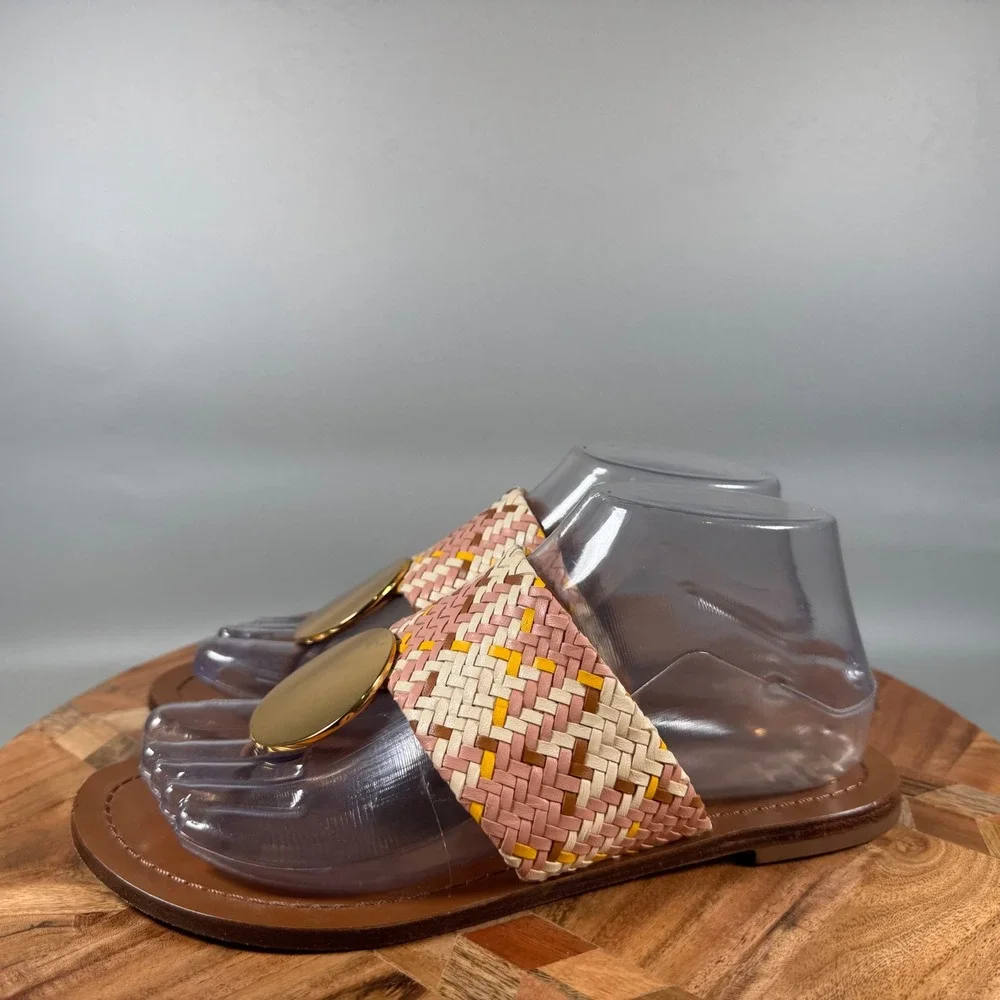 Tory Burch Patos Disk Woven‎ Leather Thong Sandals Gold Logo Women Size 7M